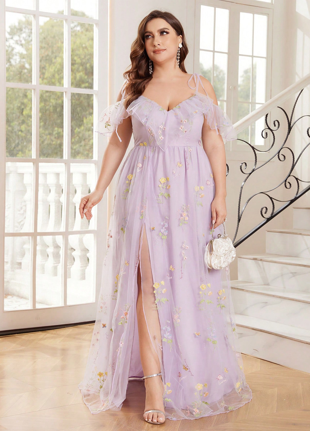 Лиловое кэжуал платье с открытыми плечами SHEIN с цветочным принтом