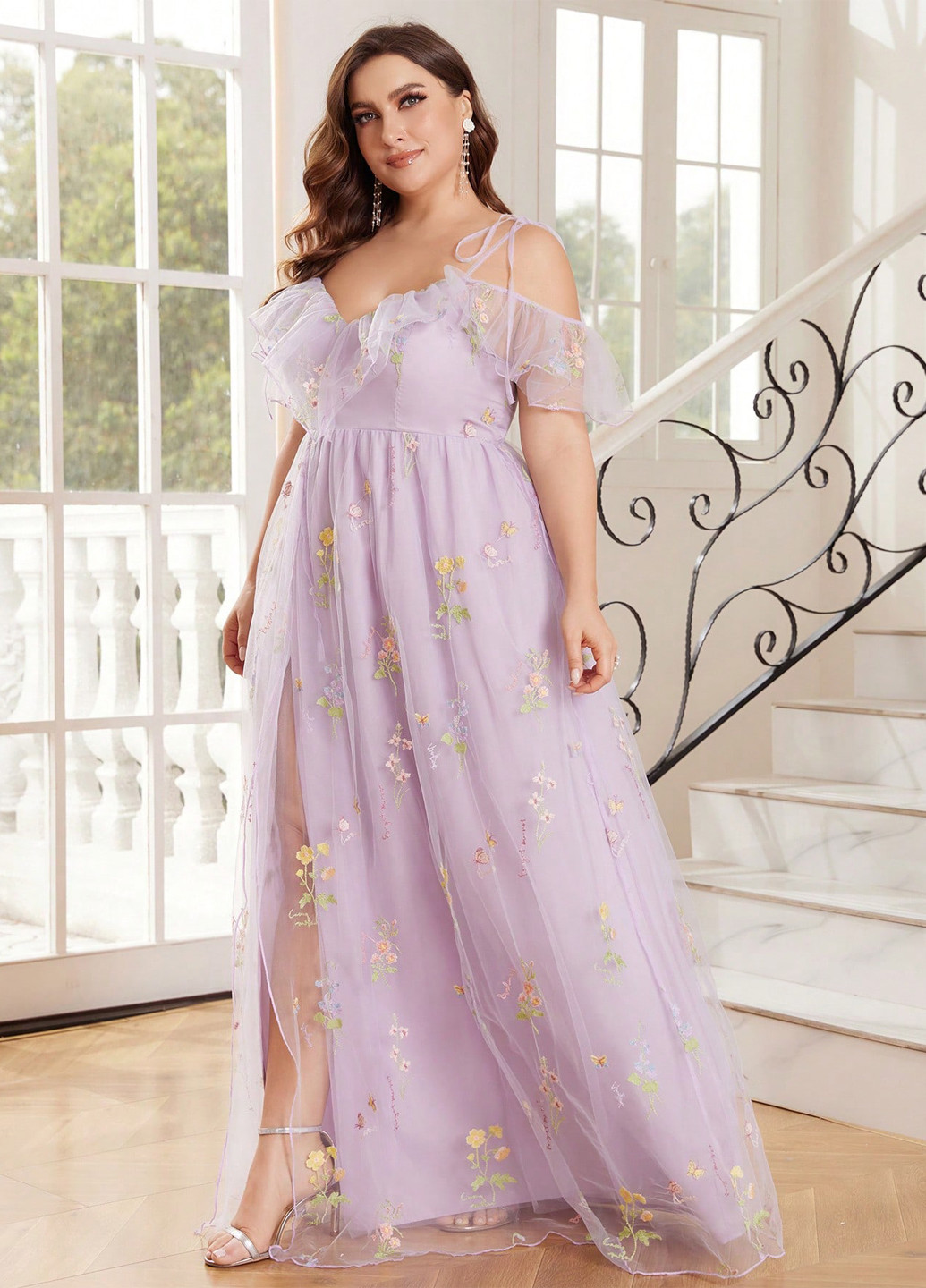 Лиловое кэжуал платье с открытыми плечами SHEIN с цветочным принтом