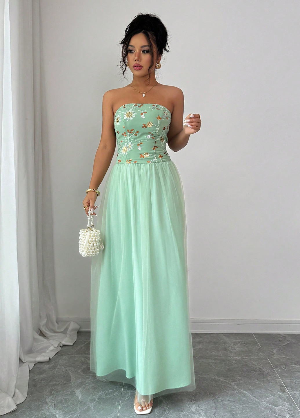 Мятное вечернее, кэжуал платье бандо, с открытыми плечами SHEIN однотонное