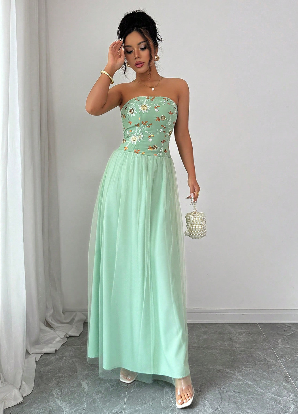 Мятное вечернее, кэжуал платье бандо, с открытыми плечами SHEIN однотонное