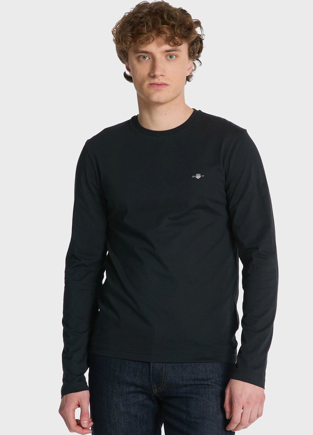 Лонгслів Gant однотонний чорний кежуали бавовна, трикотаж