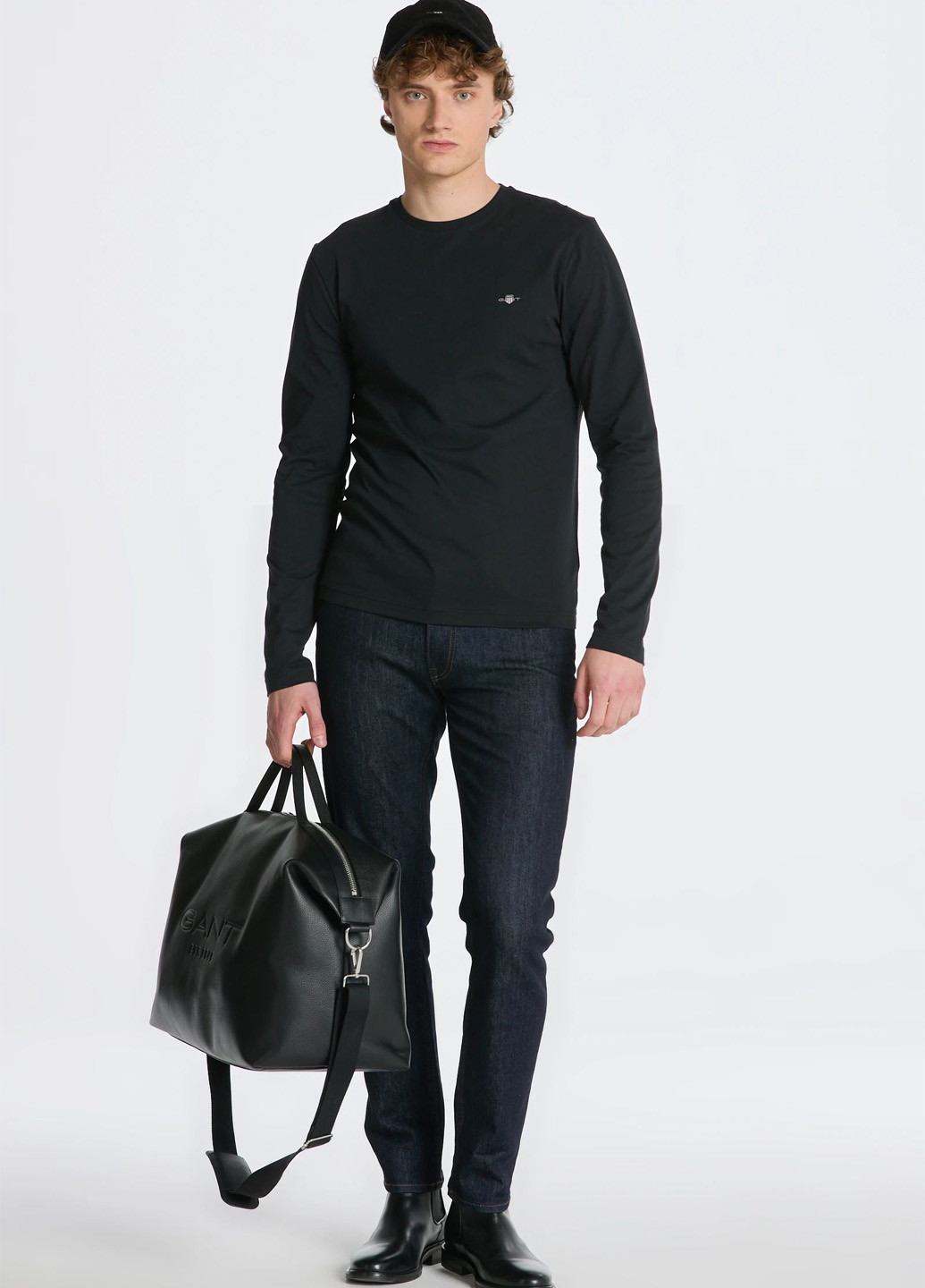 Лонгслів Gant однотонний чорний кежуали бавовна, трикотаж