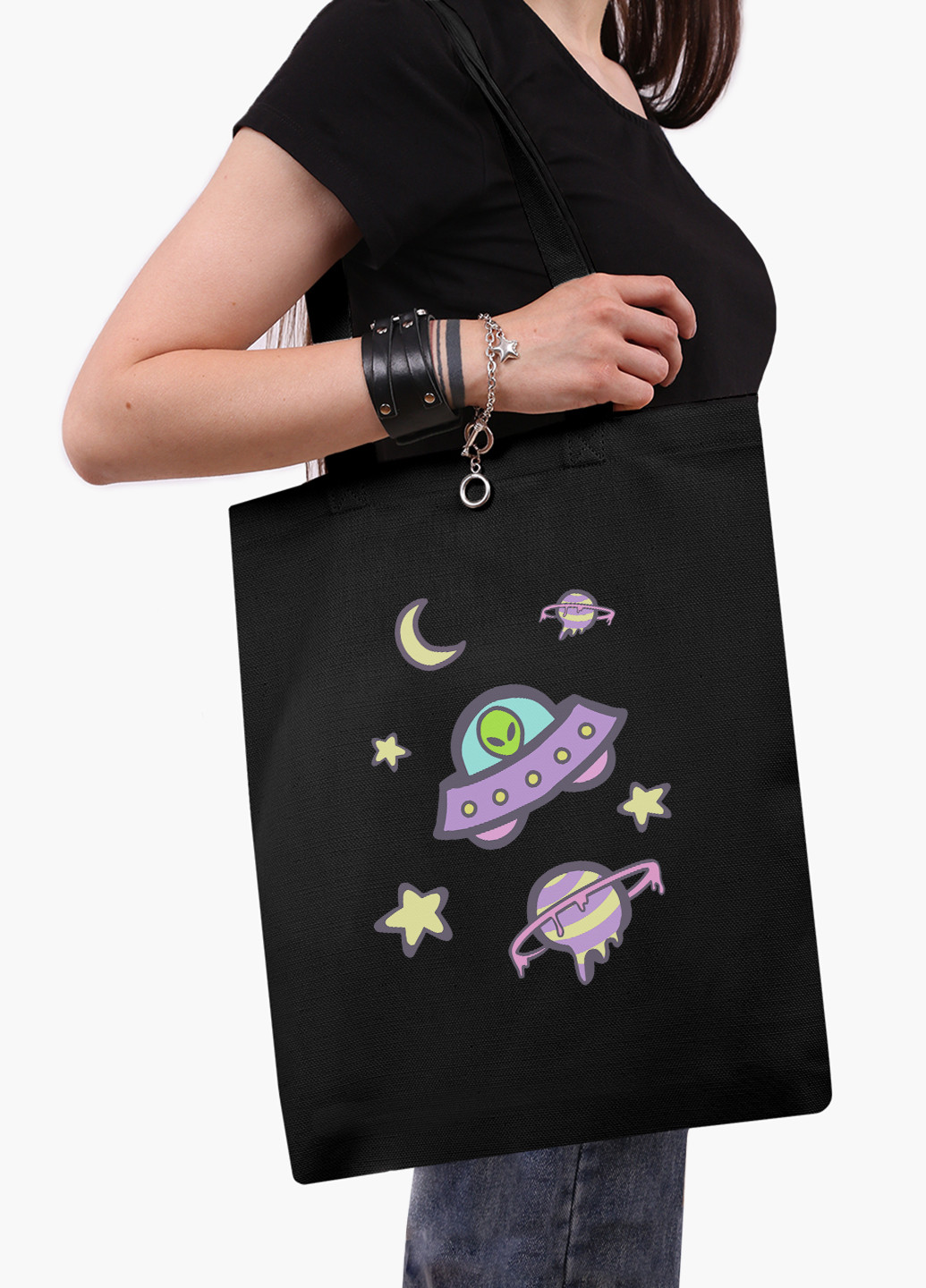 Эко сумка шоппер черная Инопланетяни в космосе (Aliens in space) (9227-2854-BK-1) Еко сумка шоппер чорна 41*35 см MobiPrint (221682912)