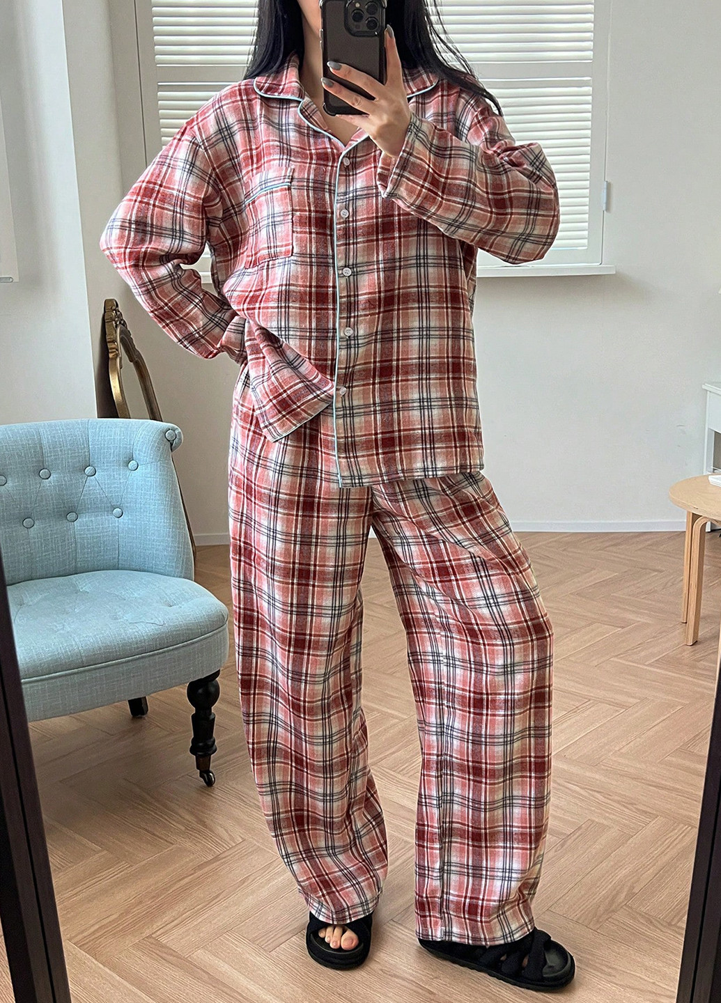 Красная всесезон пижама (рубашка, брюки) рубашка + брюки SHEIN