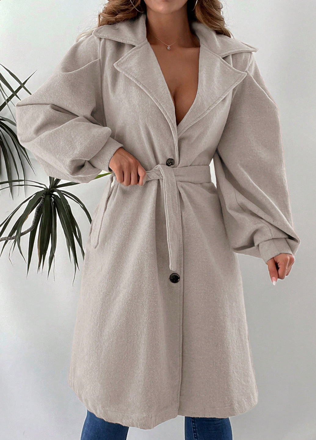 Светло-бежевое демисезонное Пальто однобортное SHEIN