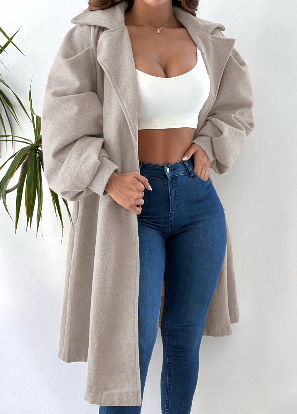 Светло-бежевое демисезонное Пальто однобортное SHEIN