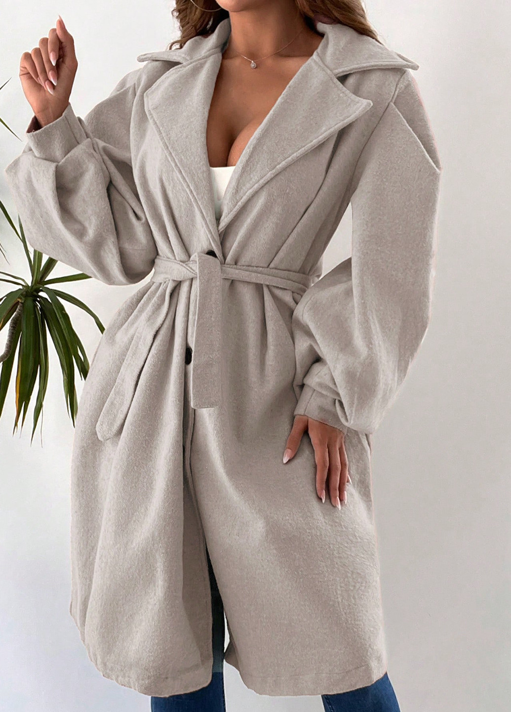 Светло-бежевое демисезонное Пальто однобортное SHEIN