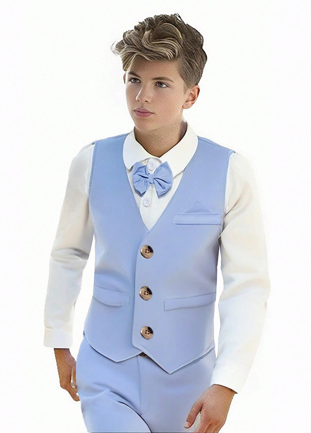 Светло-голубой демисезонный костюм (жилет, рубашка, брюки, бабочка) с рубашкой, тройка, брючный SHEIN