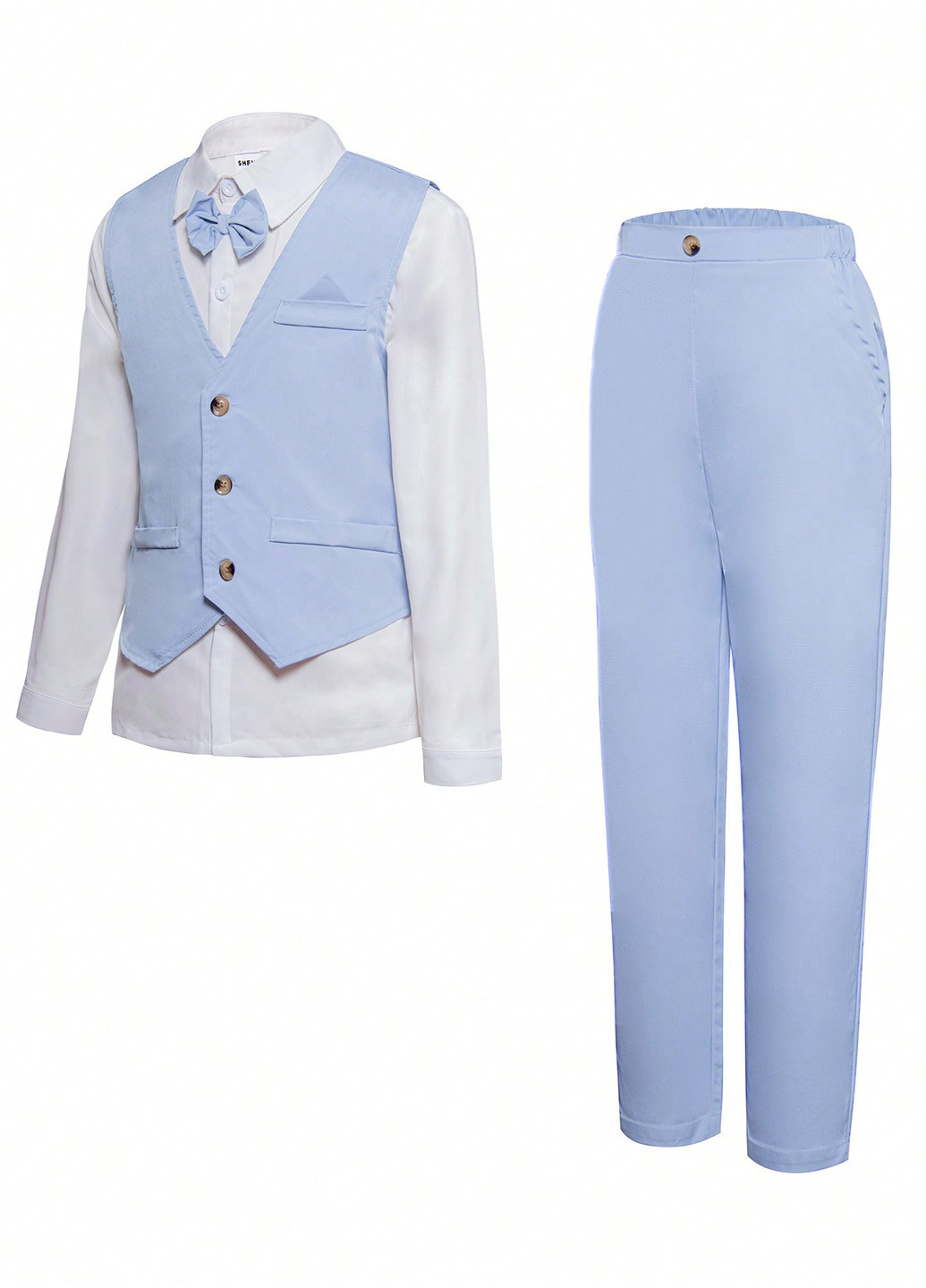 Светло-голубой демисезонный костюм (жилет, рубашка, брюки, бабочка) с рубашкой, тройка, брючный SHEIN