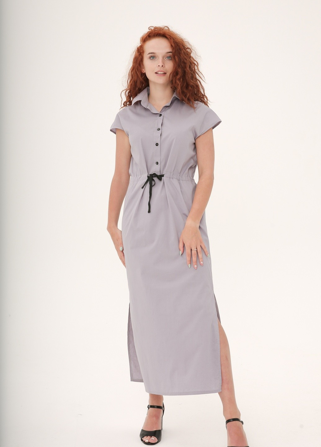 Серое деловое длинное платье - рубашка делового кроя INNOE однотонное
