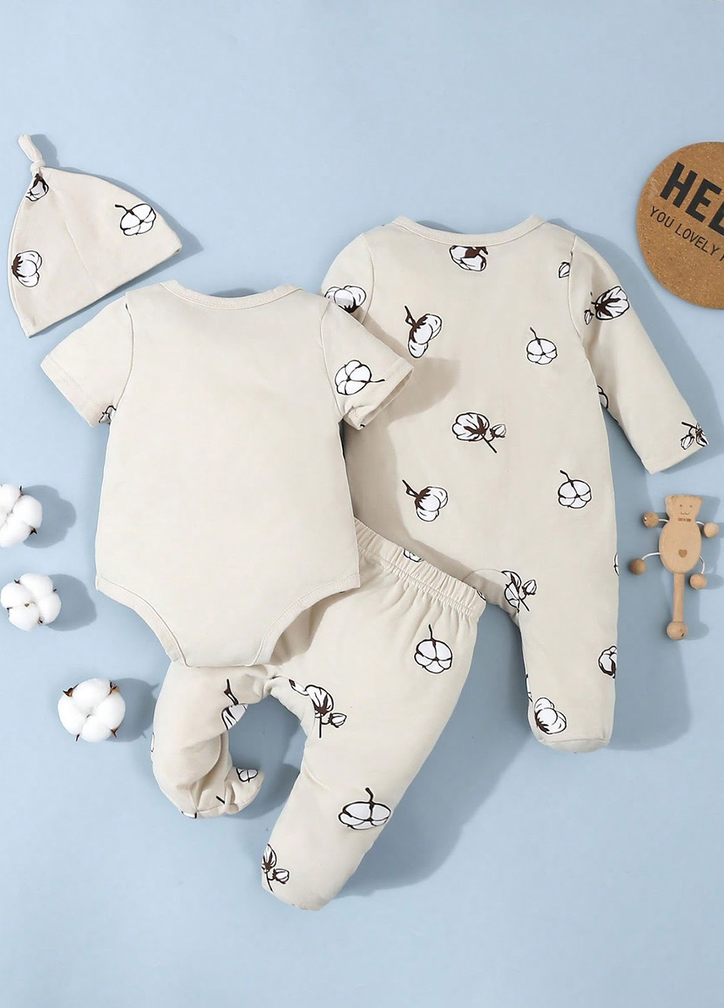 Світло-бежевий демісезонний комплект (ромпер, боді, шапка, повзунки) SHEIN