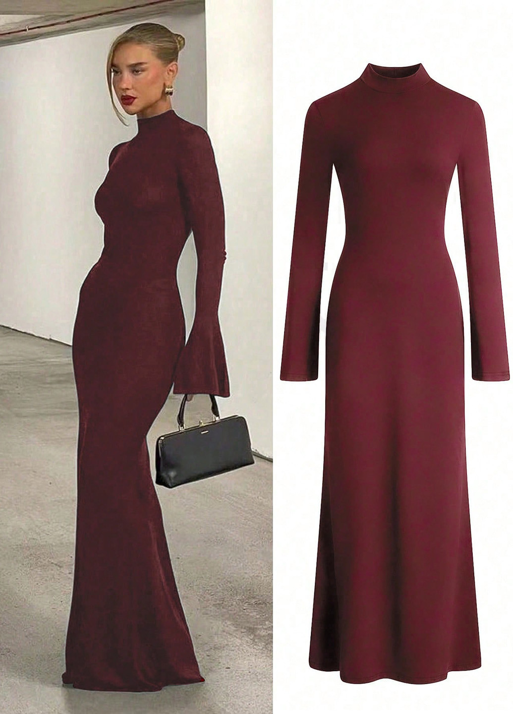 Бордова святковий, вечірня сукня а-силует, сукня-водолазка SHEIN однотонна