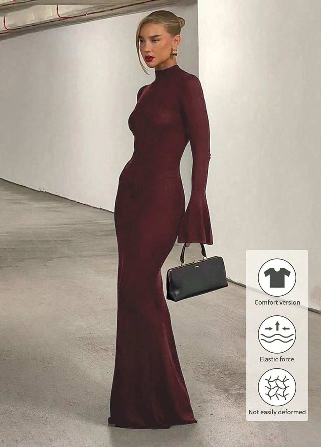 Бордова святковий, вечірня сукня а-силует, сукня-водолазка SHEIN однотонна
