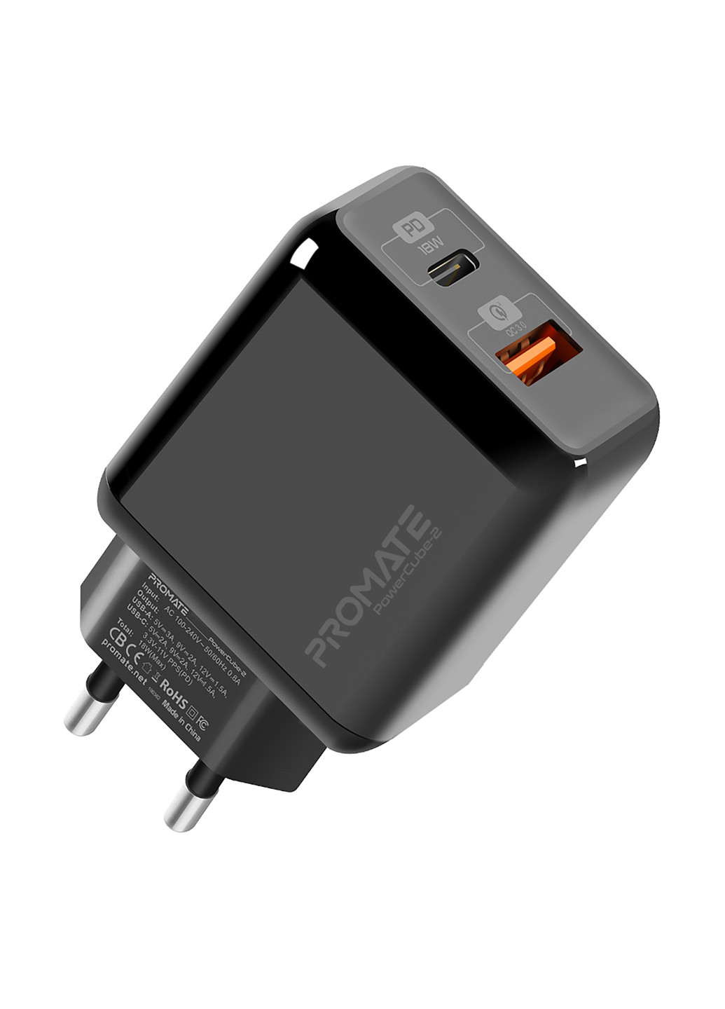 Сетевое зарядное устройство PowerCube-2 18Вт Type-C PD+USB QC3.0 Black Promate powercube-2.black (185445535)