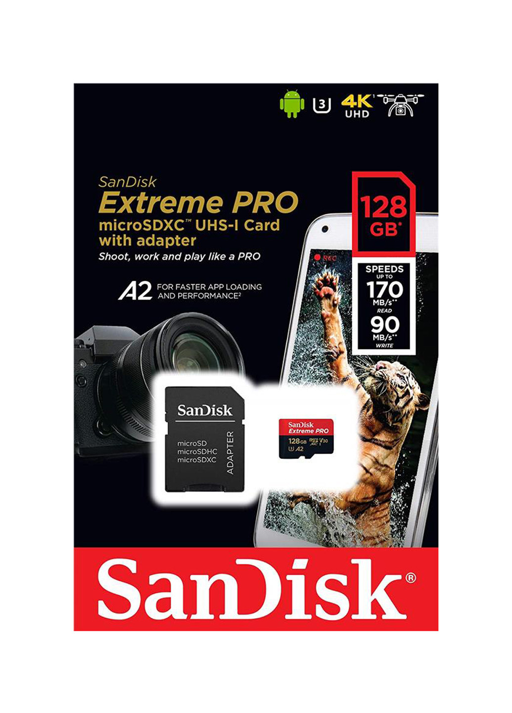 Карта пам'яті microSDXC 128GB C10 UHS-I U3 A2 (R170 / W90MB / s) Extreme Pro + SD-adapter (SDSQXCY-128G-GN6MA) SanDisk Карта памяти SanDisk microSDXC 128GB C10 UHS-I U3 A2 (R170/W90MB/s) Extreme Pro + SD-adapter (SDSQXCY-128G-GN6MA) чорні