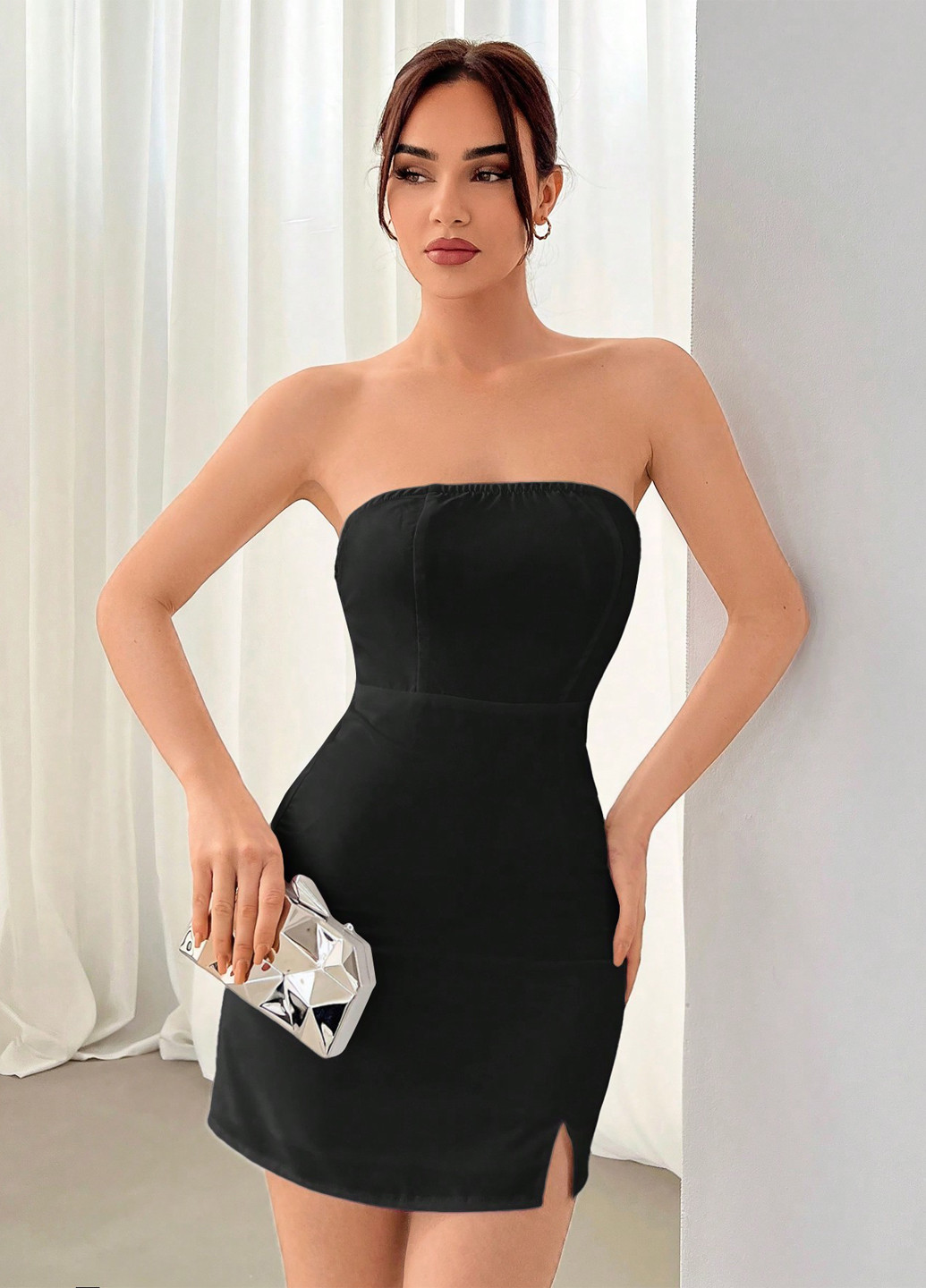 Черное вечернее, коктейльное платье бандо SHEIN однотонное