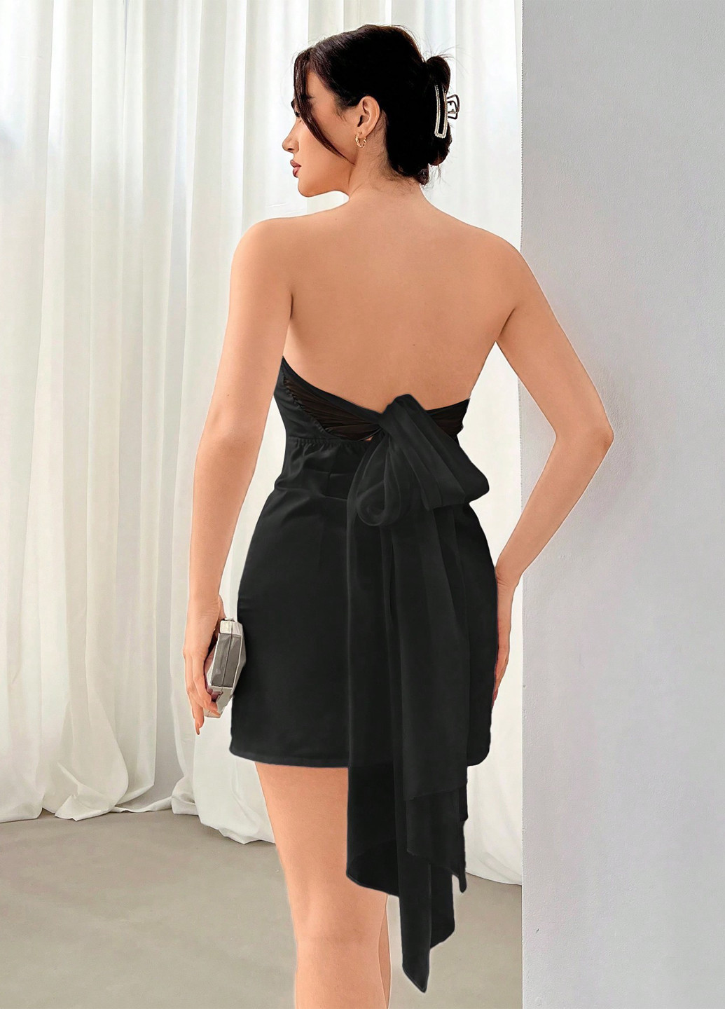 Черное вечернее, коктейльное платье бандо SHEIN однотонное