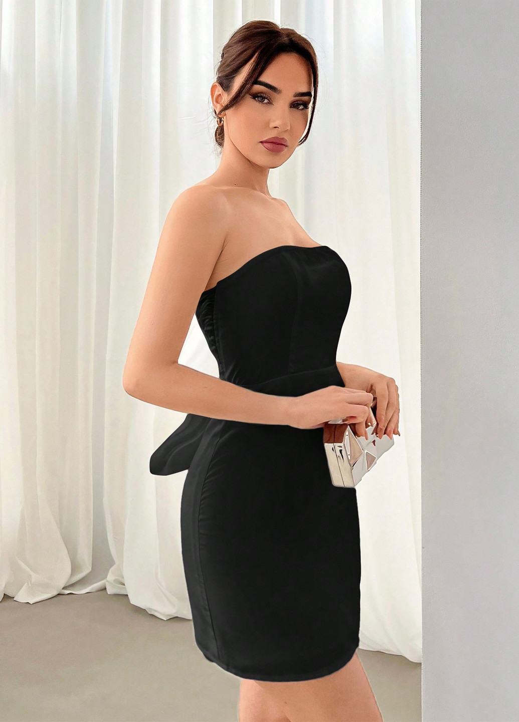 Черное вечернее, коктейльное платье бандо SHEIN однотонное