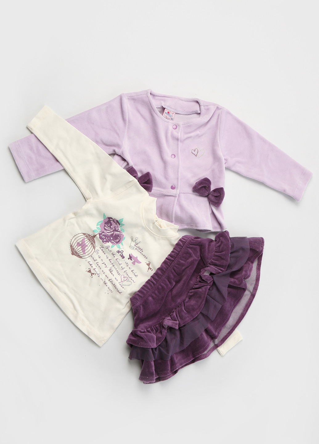 Сиреневый демисезонный комплект (кофта, жакет, юбка) Фламинго
