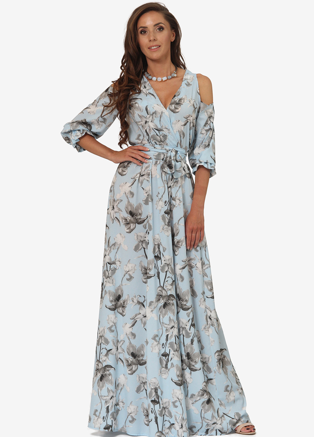 Блакитна вечірня сукня кльош Lila Kass з квітковим принтом
