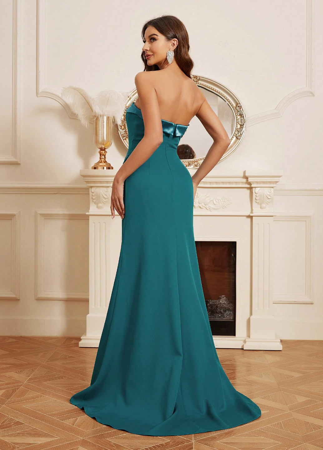 Бірюзова вечірня сукня з відкритою спиною, з відкритими плечима, зі шлейфом SHEIN однотонна