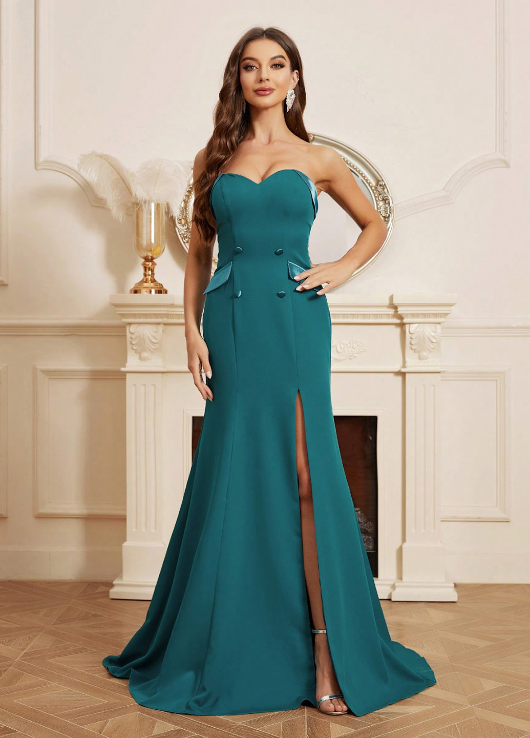 Бірюзова вечірня сукня з відкритою спиною, з відкритими плечима, зі шлейфом SHEIN однотонна