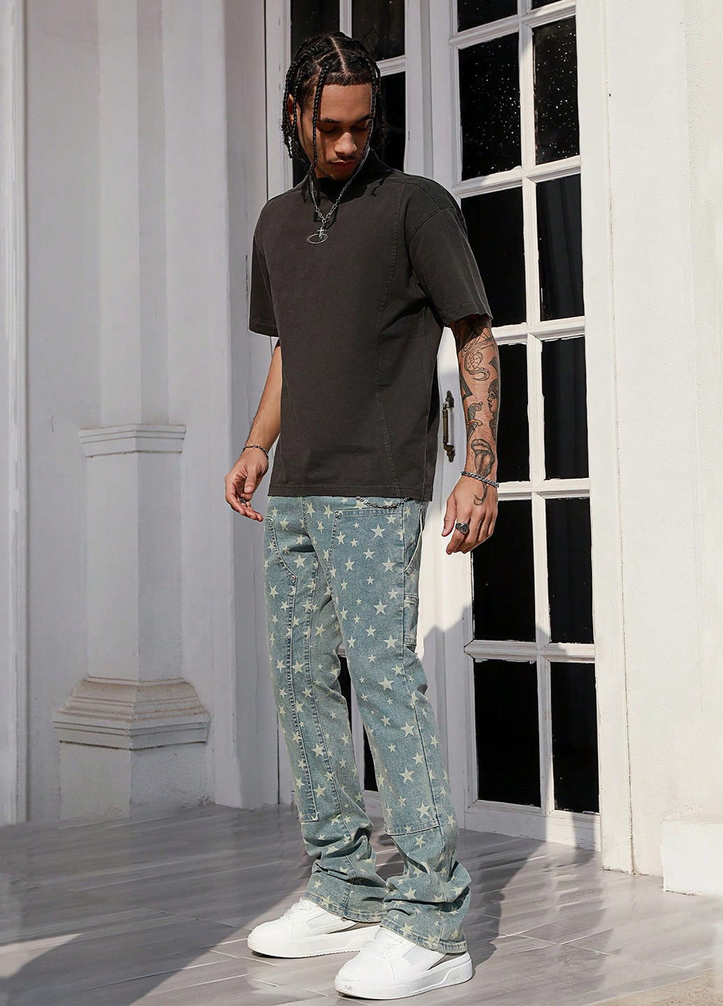 Серо-синие демисезонные клеш джинсы SHEIN