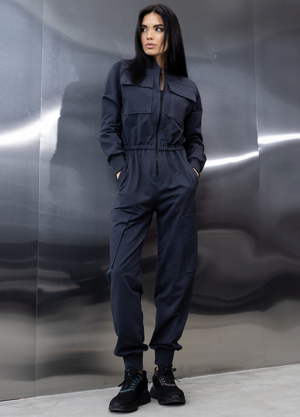 Хлопковый комбинезон с поясом и молнией TOTALFIT комбинезон-брюки однотонный тёмно-серый кэжуал, спортивный двунитка, хлопок