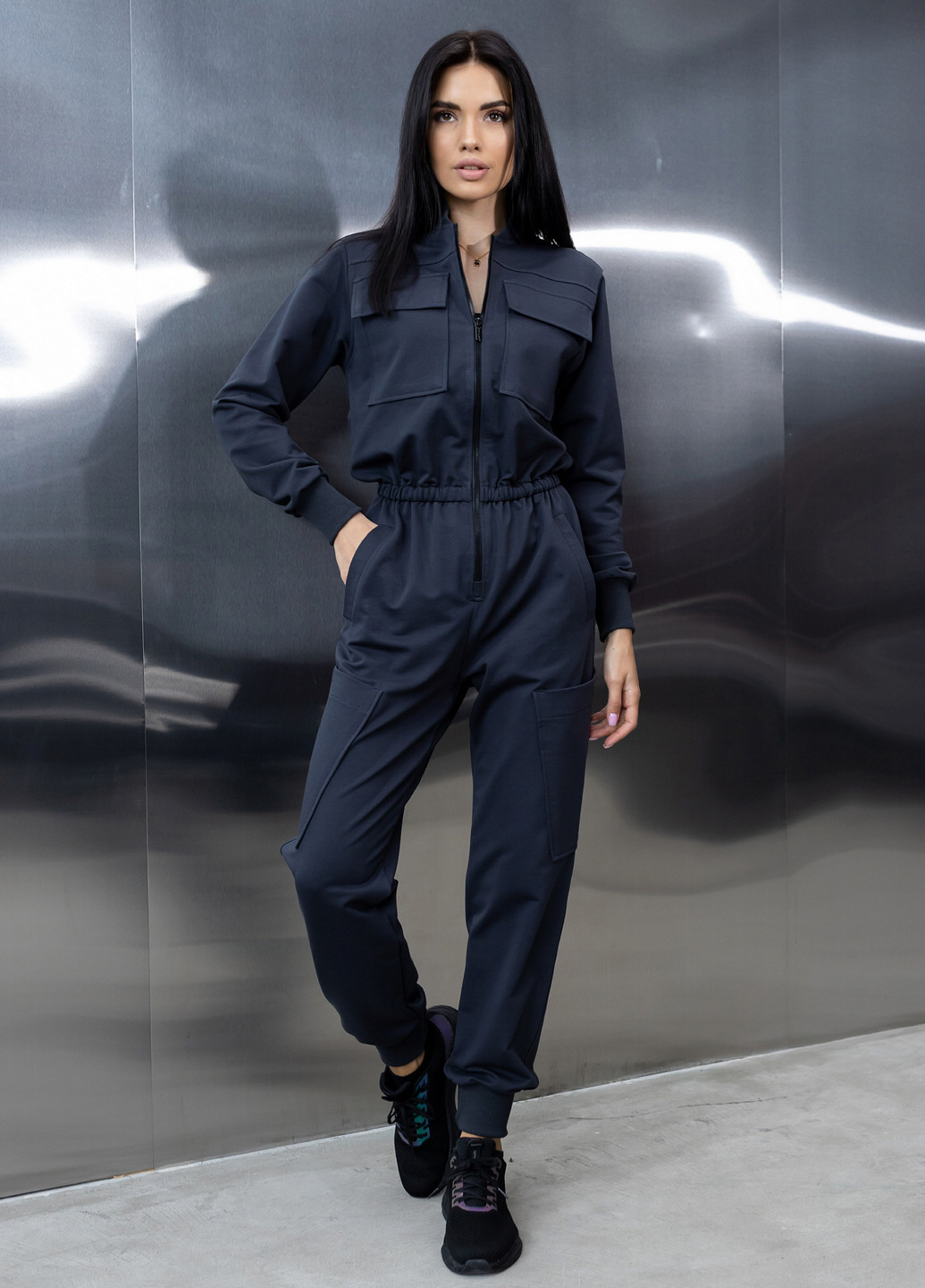 Хлопковый комбинезон с поясом и молнией TOTALFIT комбинезон-брюки однотонный тёмно-серый кэжуал, спортивный двунитка, хлопок