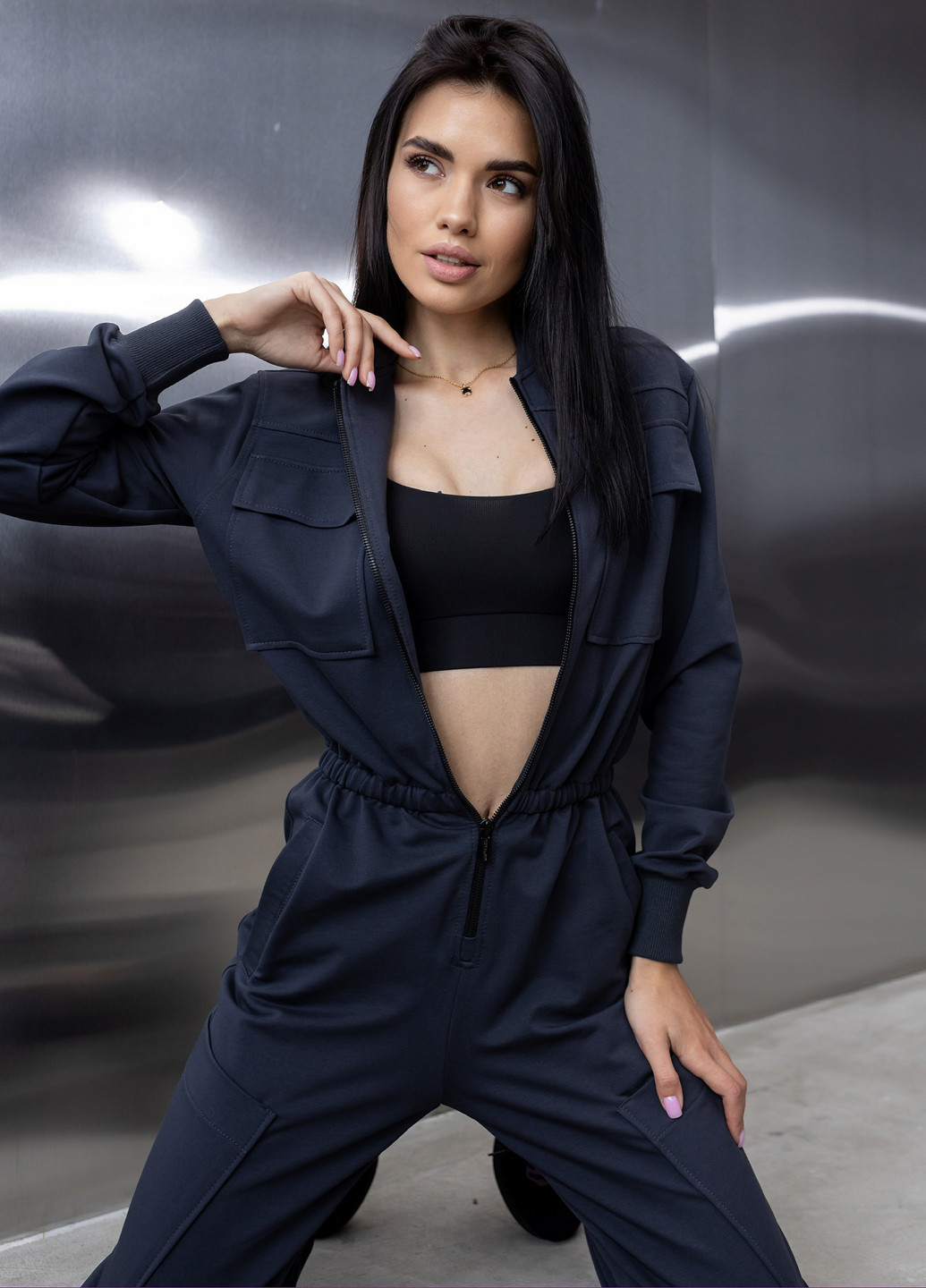 Хлопковый комбинезон с поясом и молнией TOTALFIT комбинезон-брюки однотонный тёмно-серый кэжуал, спортивный двунитка, хлопок