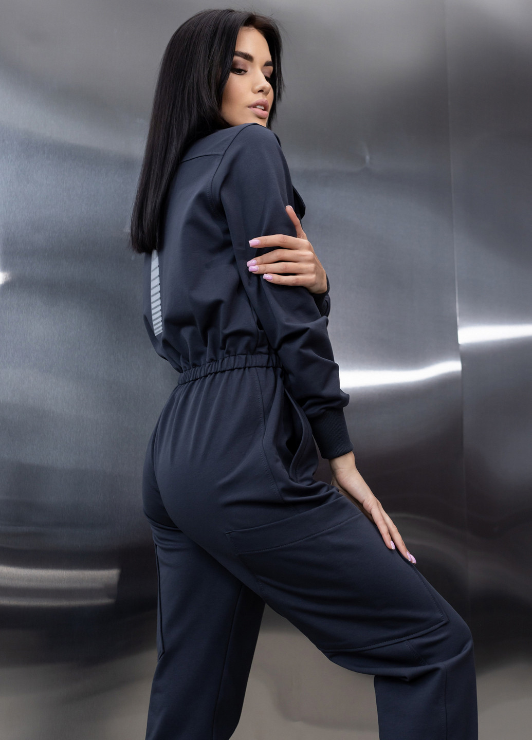 Хлопковый комбинезон с поясом и молнией TOTALFIT комбинезон-брюки однотонный тёмно-серый кэжуал, спортивный двунитка, хлопок