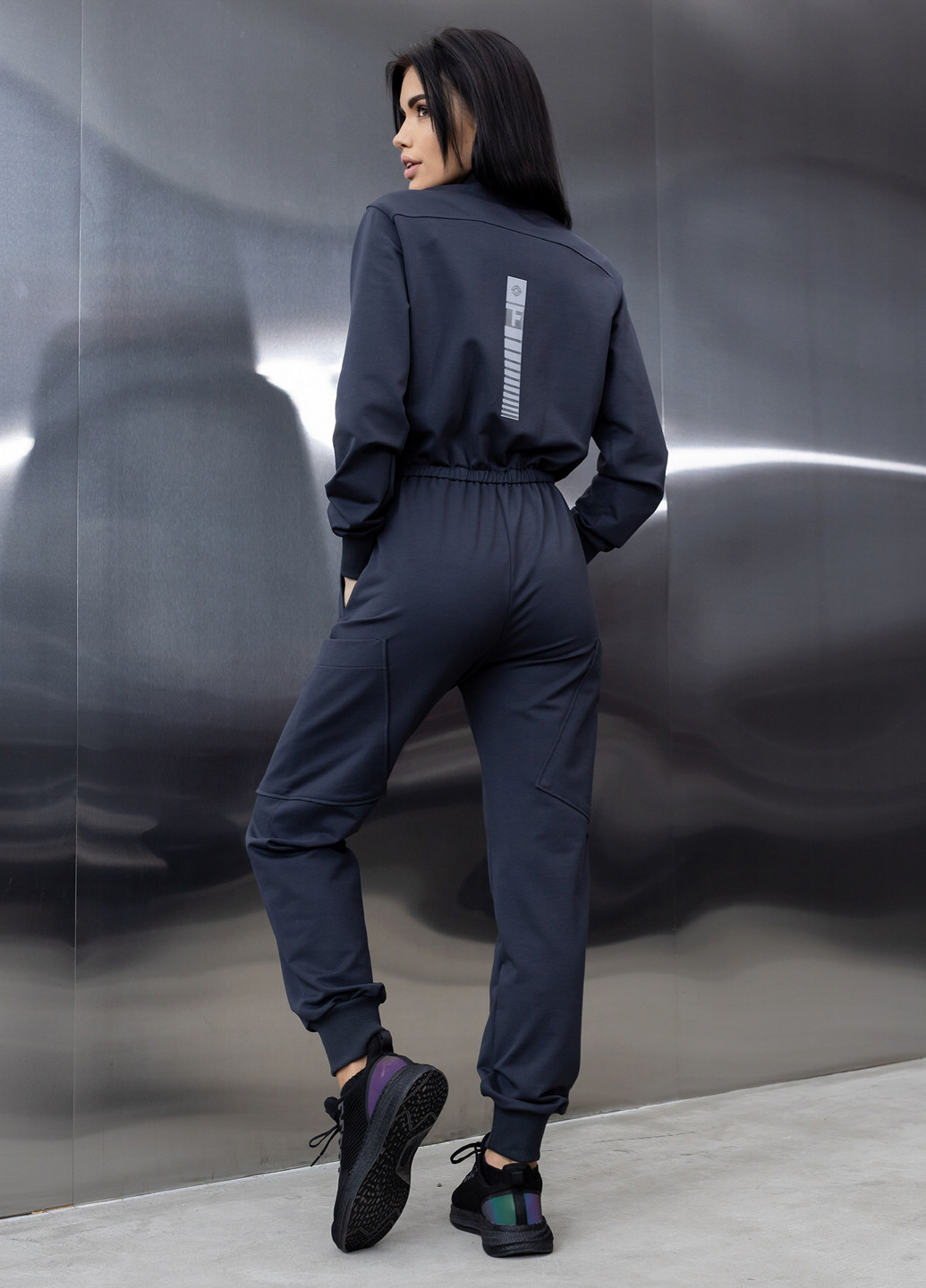 Хлопковый комбинезон с поясом и молнией TOTALFIT комбинезон-брюки однотонный тёмно-серый кэжуал, спортивный двунитка, хлопок