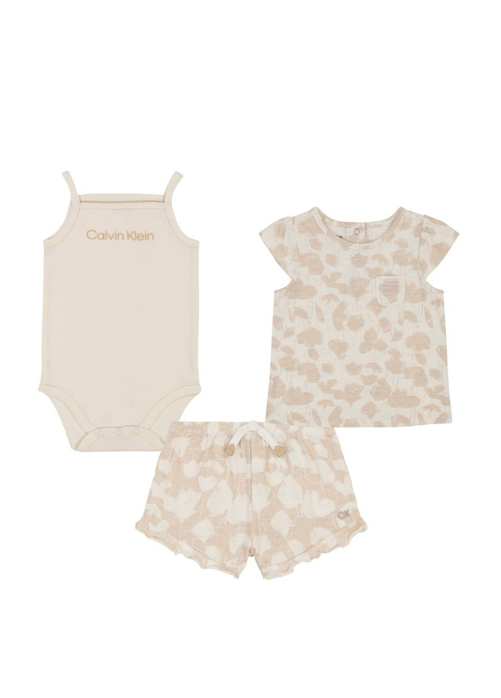Бежевый летний комплект (боди, футболка, шорты) Calvin Klein