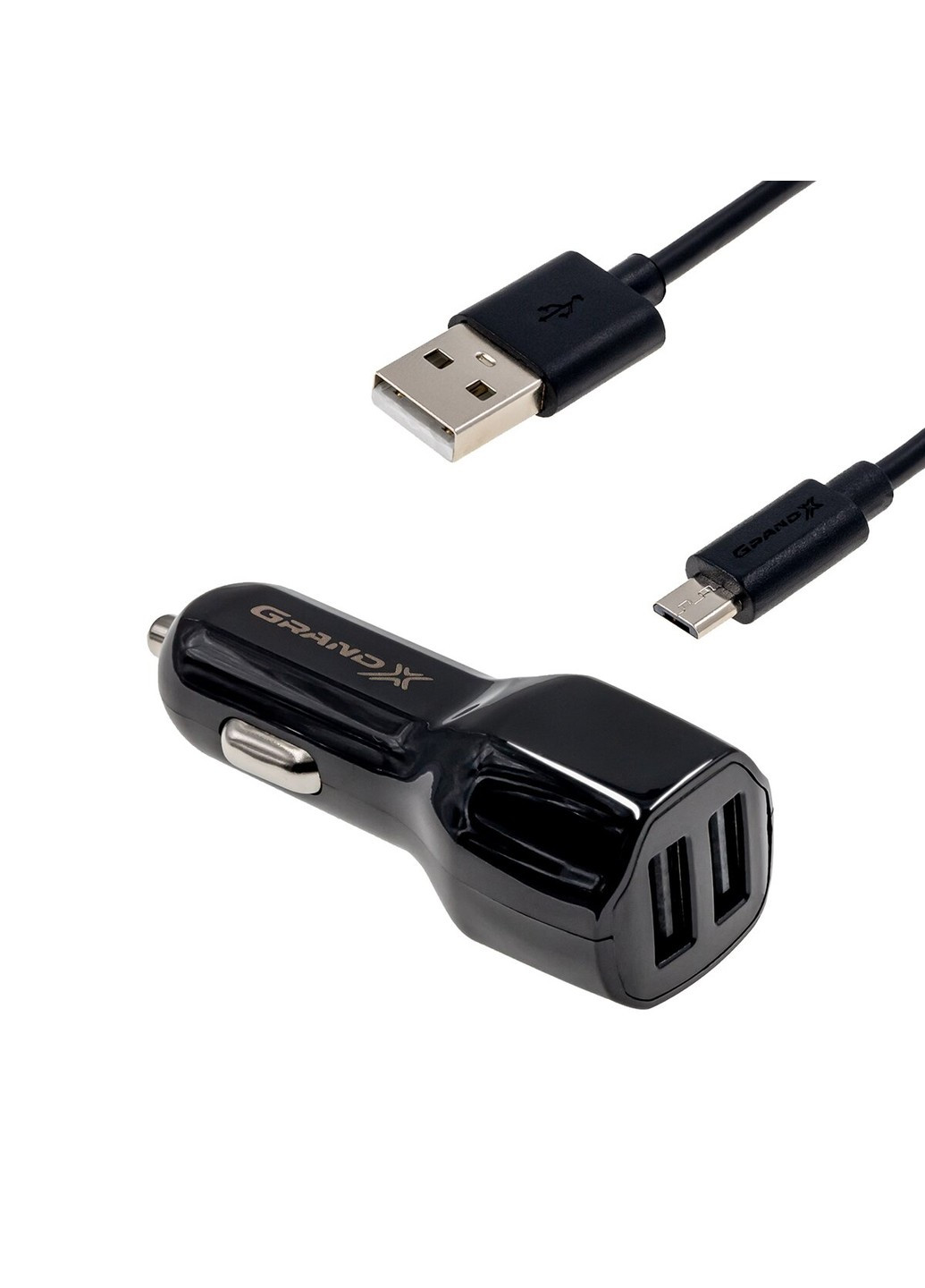 Автомобільний зарядний пристрій 2,1A, 12-24V, Black 2USB 5V/2.1A + DC cable USB/Micro USB,1m,(CH-26M) Grand-X (253878125)