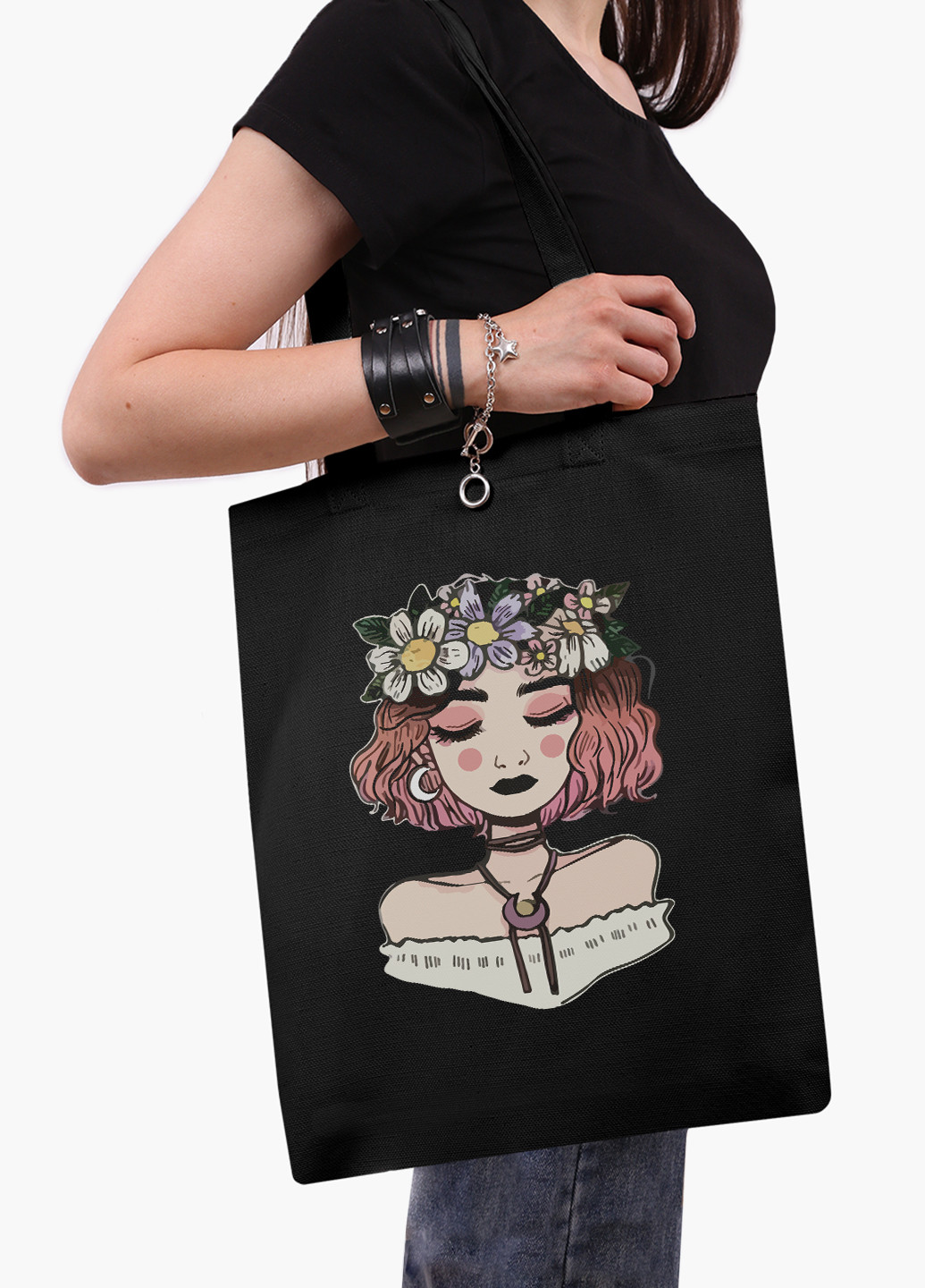Еко сумка шоппер чорна Дівчина з квітами (Girl with flowers) (9227-2841-BK-1) Еко сумка шоппер чорна 41*35 см MobiPrint (221683058)