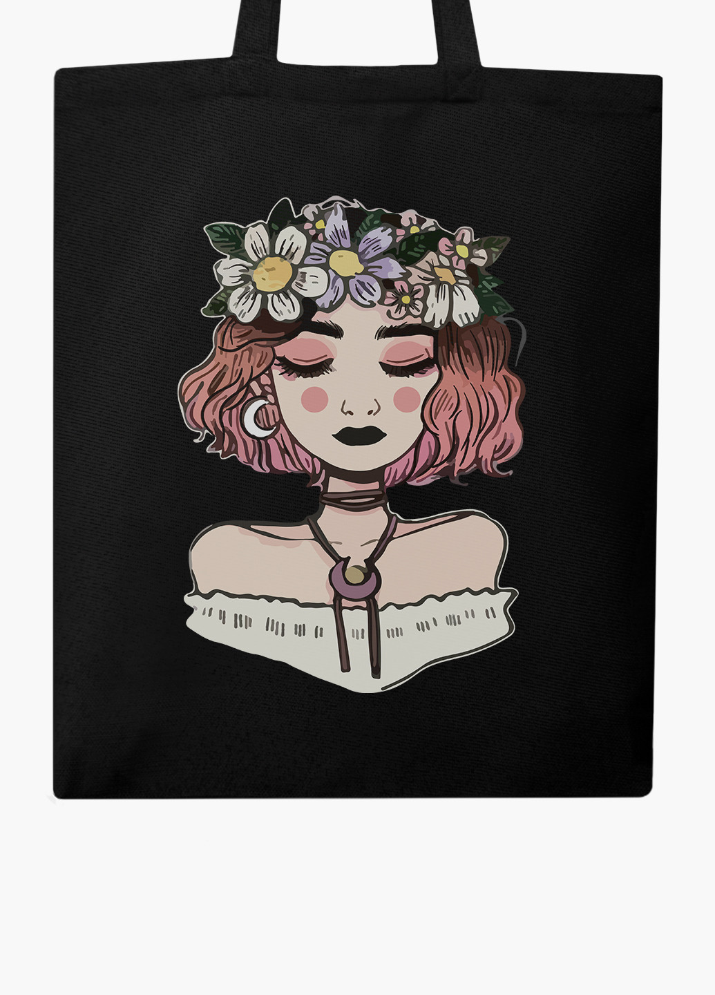 Еко сумка шоппер чорна Дівчина з квітами (Girl with flowers) (9227-2841-BK-1) Еко сумка шоппер чорна 41*35 см MobiPrint (221683058)