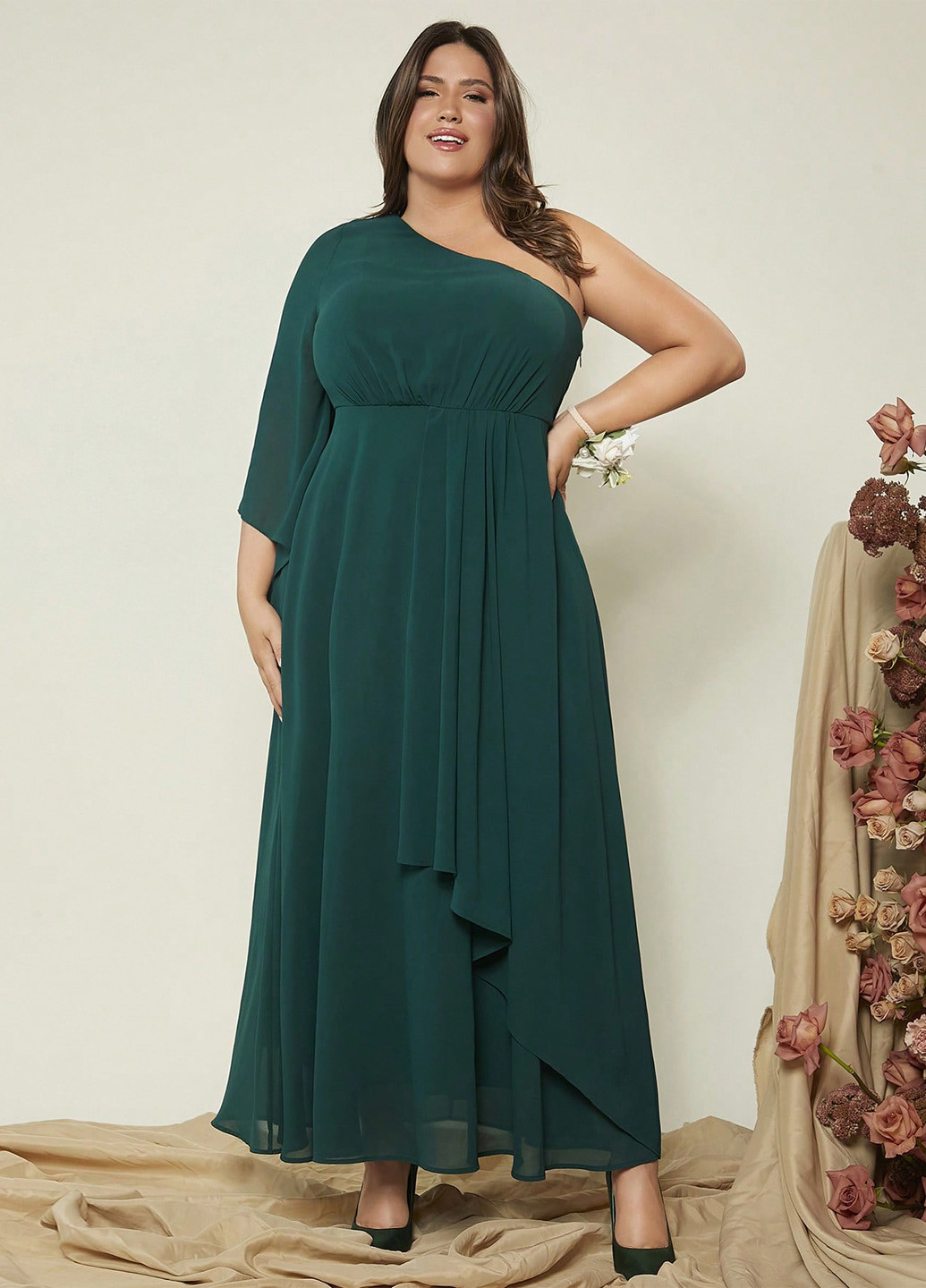 Темно-зеленое вечернее платье с юбкой-солнце, на одно плечо, в стиле ампир SHEIN однотонное