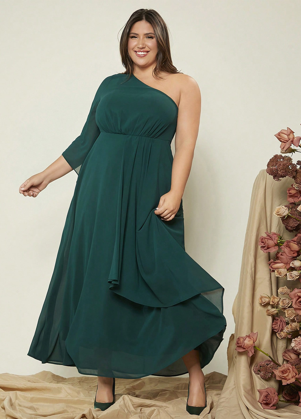Темно-зеленое вечернее платье с юбкой-солнце, на одно плечо, в стиле ампир SHEIN однотонное