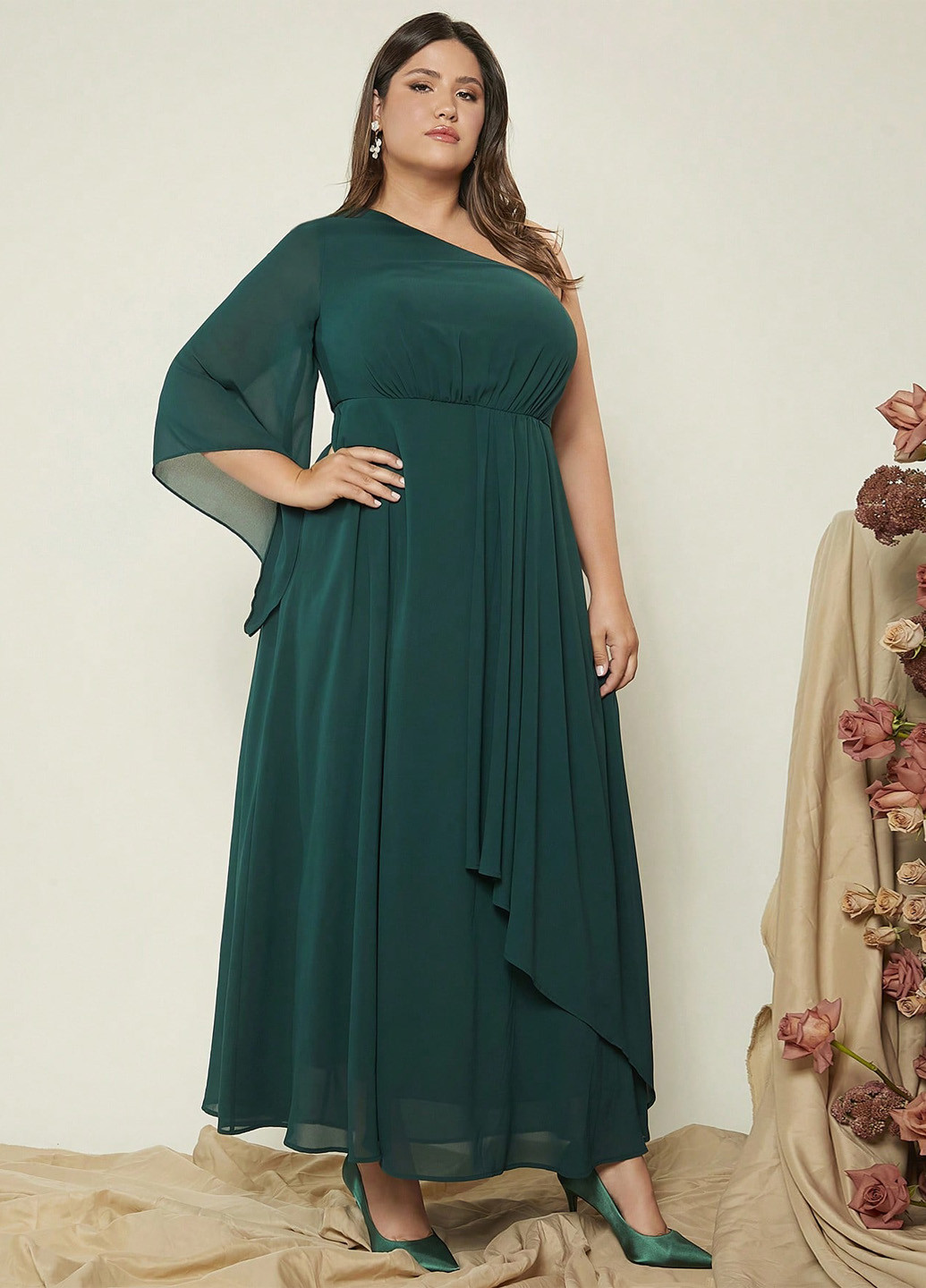 Темно-зеленое вечернее платье с юбкой-солнце, на одно плечо, в стиле ампир SHEIN однотонное