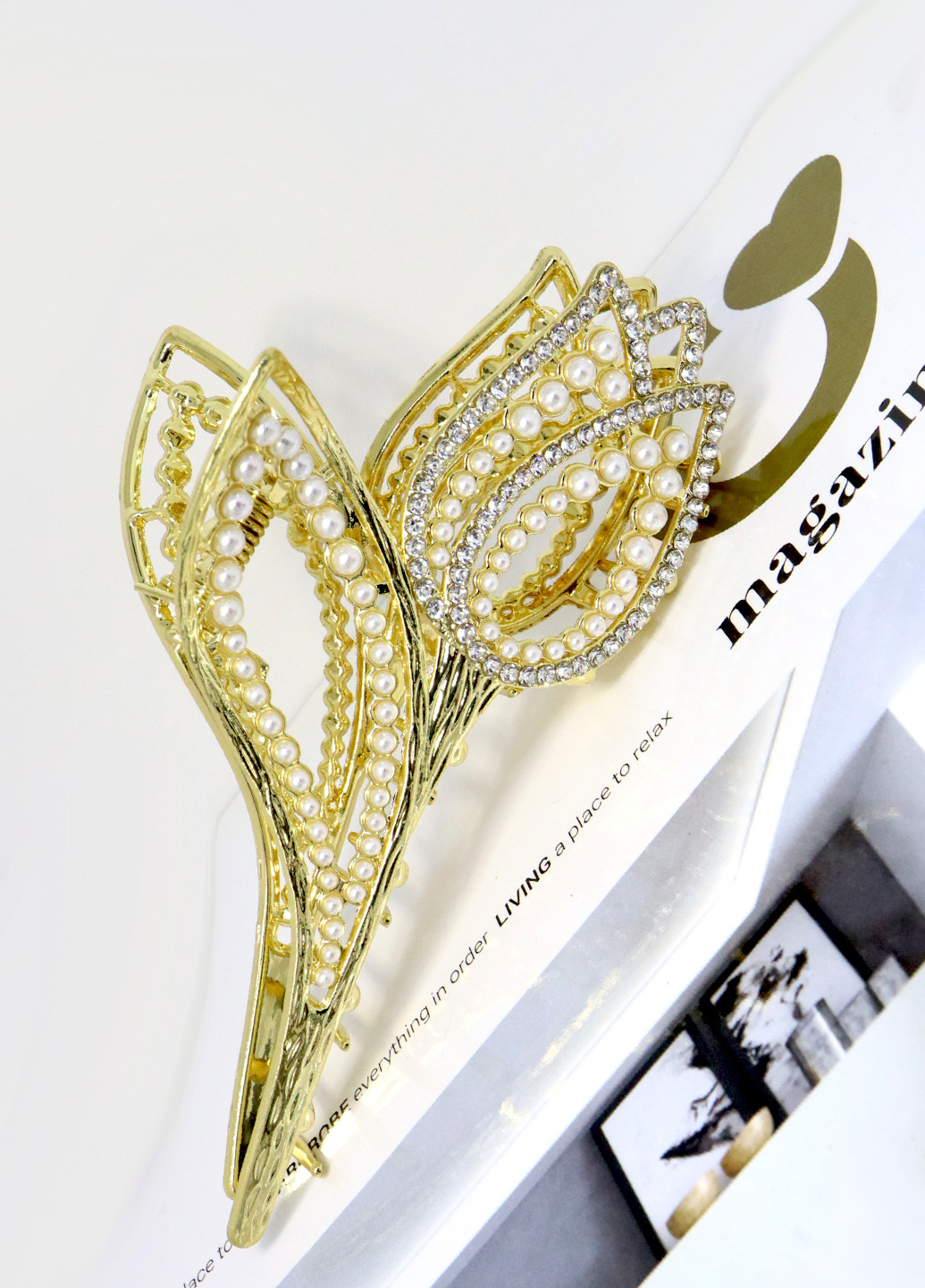 Заколка краб для волосся "Тюльпан", золотиста зі стразами і перлами Анна Ясеницька (256250956)