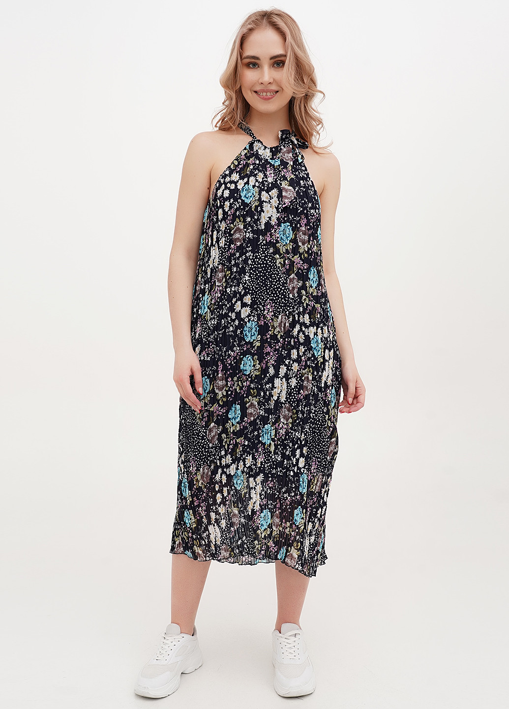 Темно-синее кэжуал платье плиссированное Vicolo с цветочным принтом