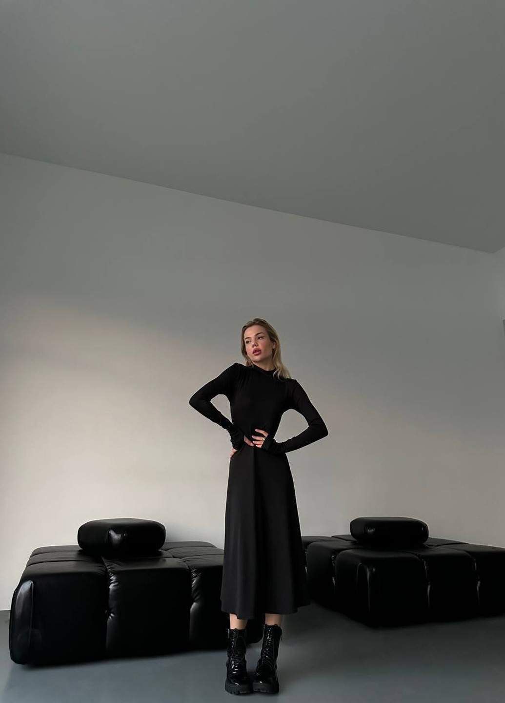 Черное кэжуал платье клеш, платье-водолазка Fashion однотонное