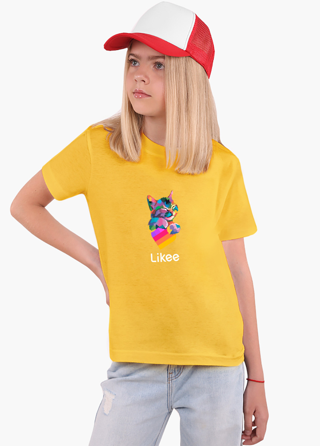 Жовта демісезонна футболка дитяча лайк котик (likee cat) (9224-1040) MobiPrint