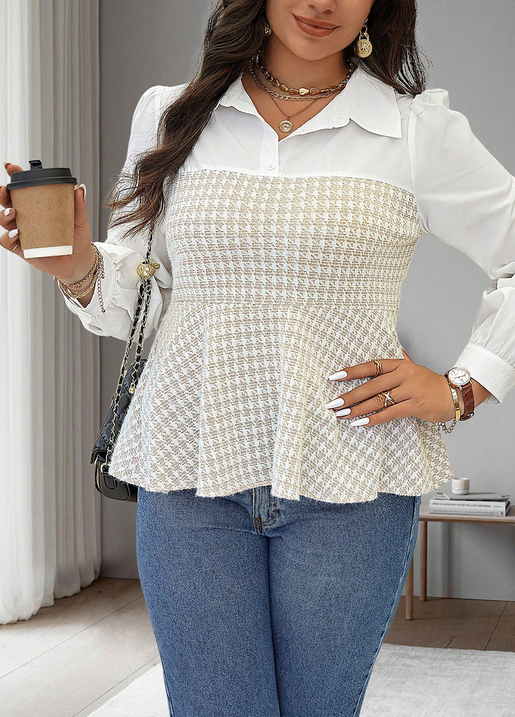 Комбинированная блуза с баской SHEIN