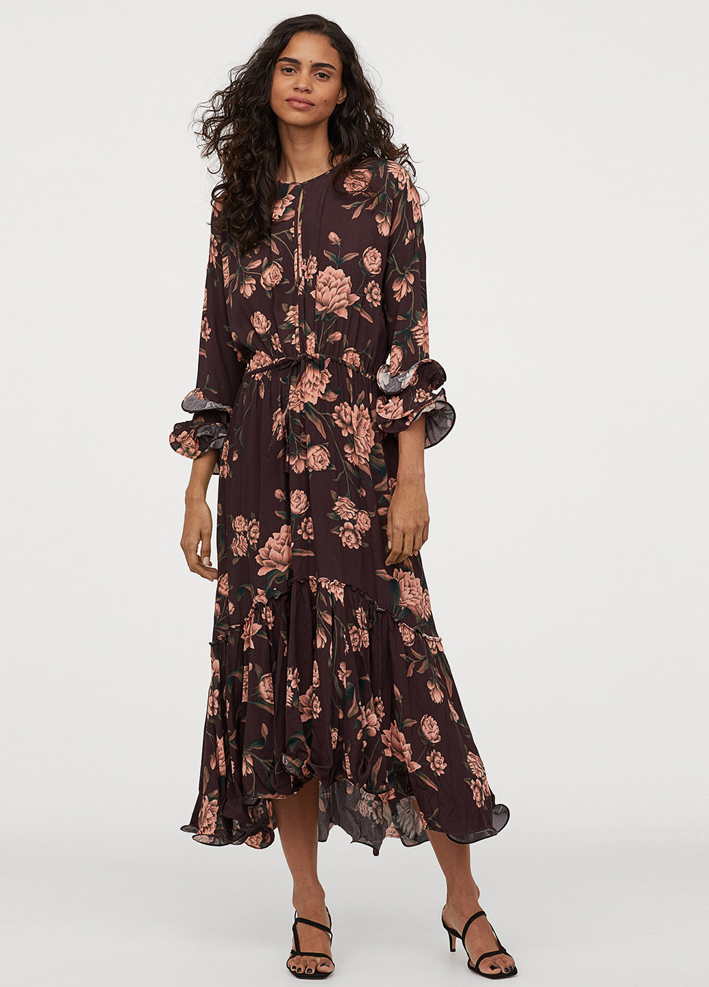 Коричневое кэжуал платье клеш H&M с цветочным принтом