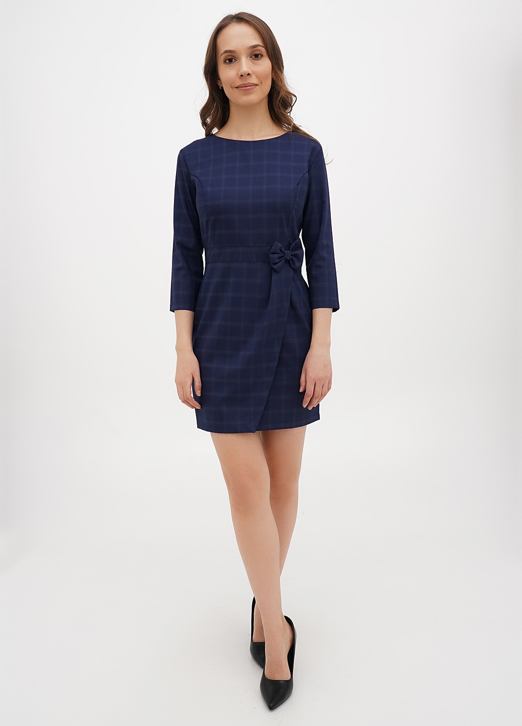 Темно-синее кэжуал платье а-силуэт Sassofono в клетку