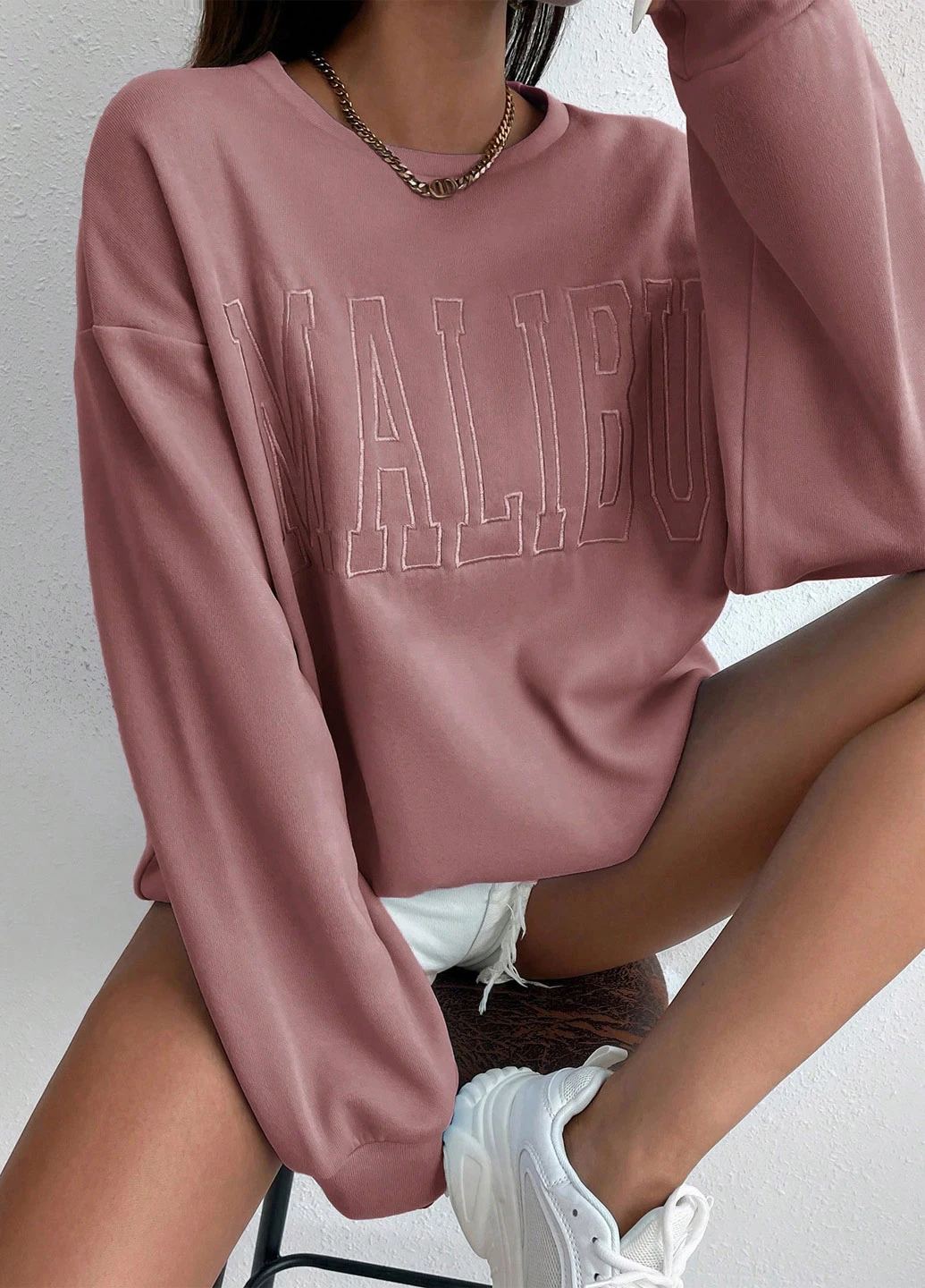 Кофейный свитшот SHEIN однотонный вышивка (311507793)