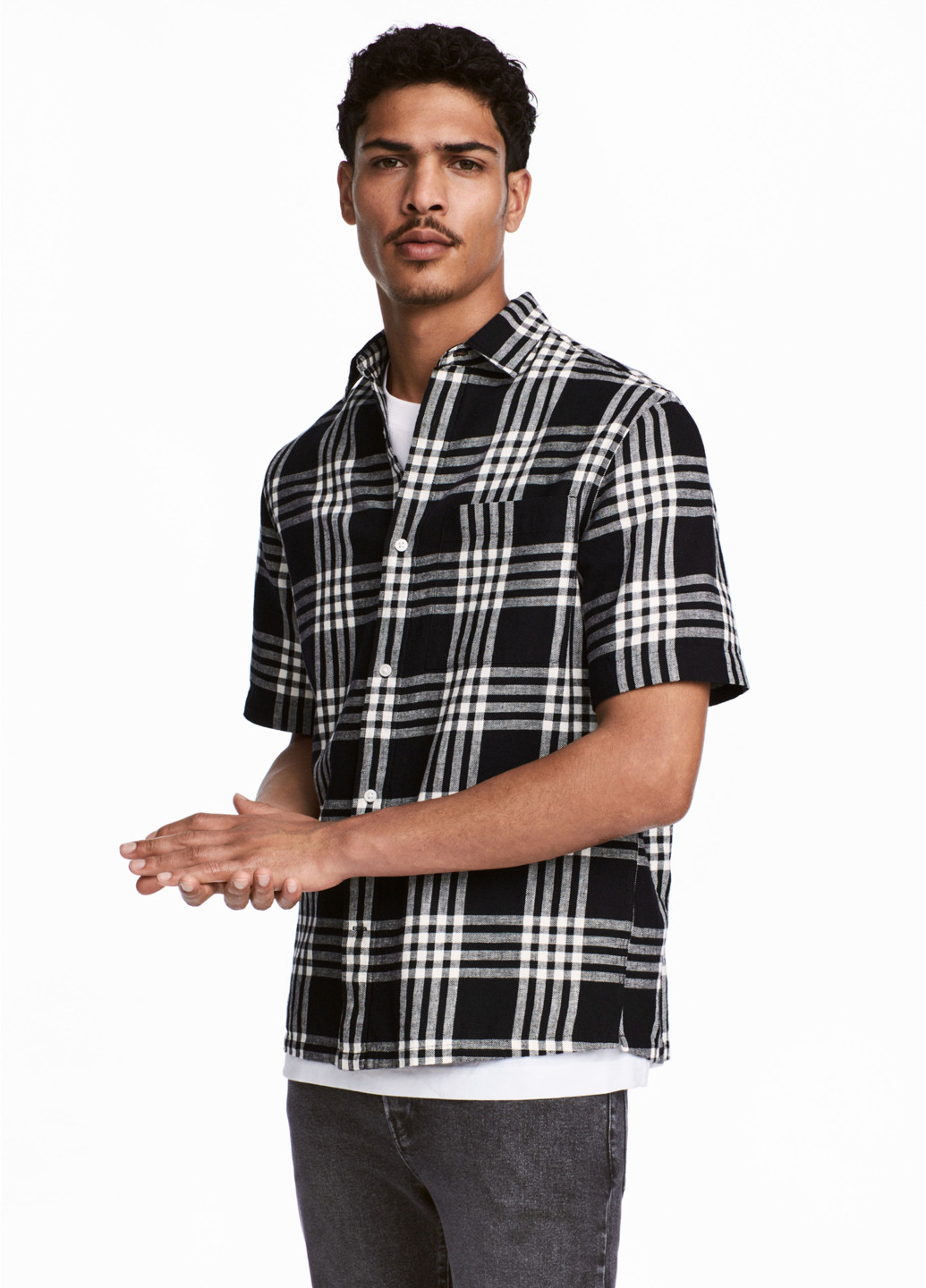 Сорочка H&M з коротким рукавом клітинка чорно-біла кежуал