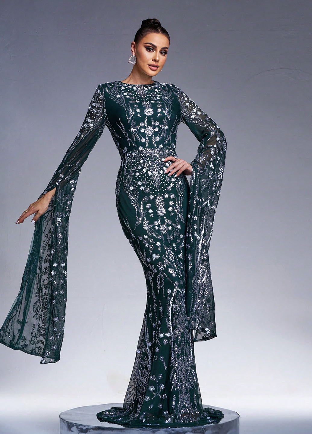 Пляшкова зелена вечірня сукня годе, зі шлейфом SHEIN з малюнком