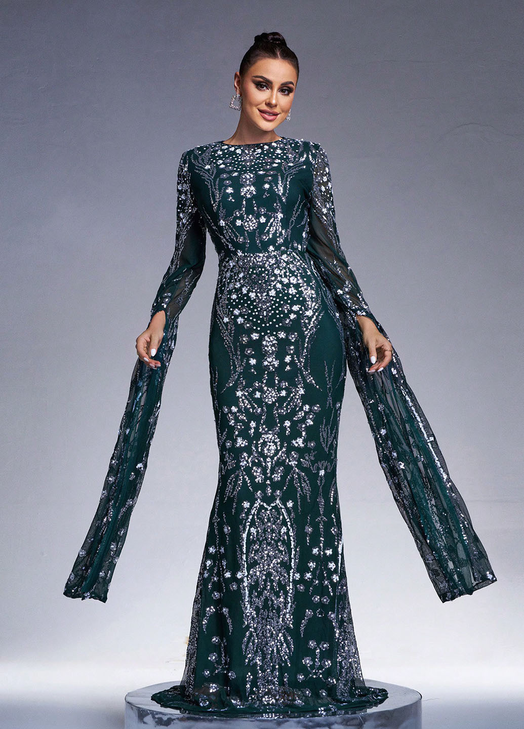 Пляшкова зелена вечірня сукня годе, зі шлейфом SHEIN з малюнком